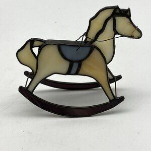 Vtg Stained Glass Rocking Horse Handcrafted figurine 4.75” H white blue Tabletop